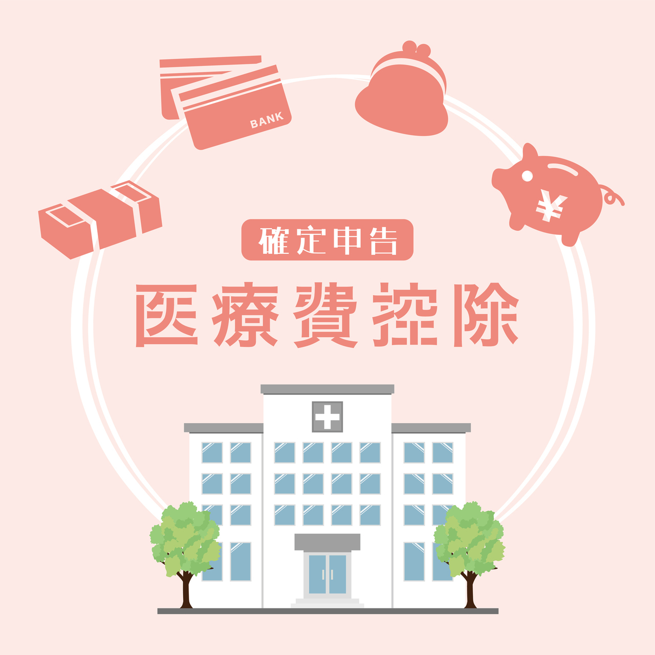 歯科医院とお金にまつわるアイテムが並んでいるイラスト
