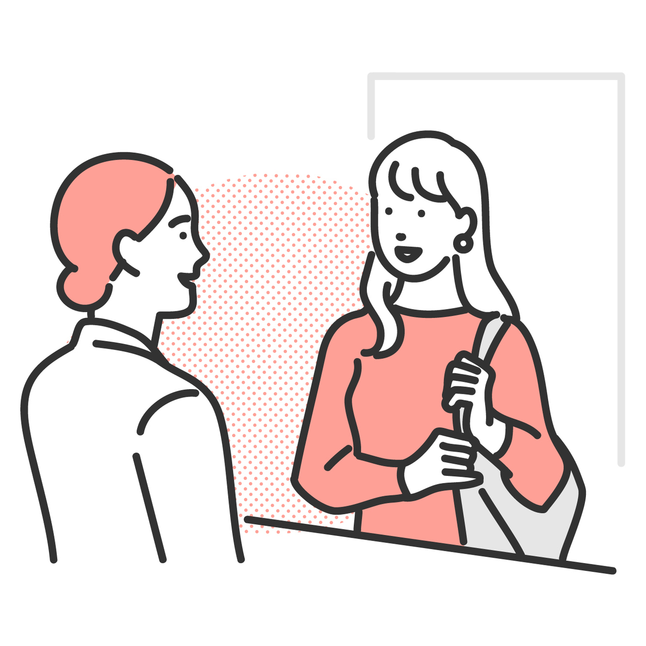 受付で話す医療従事者と女性患者のイラスト